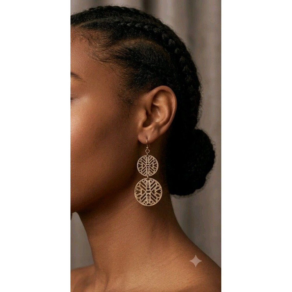 ​Vintage Brass Tone Geometric Dangle Earrings Cutout Filigree Double Drop Disc